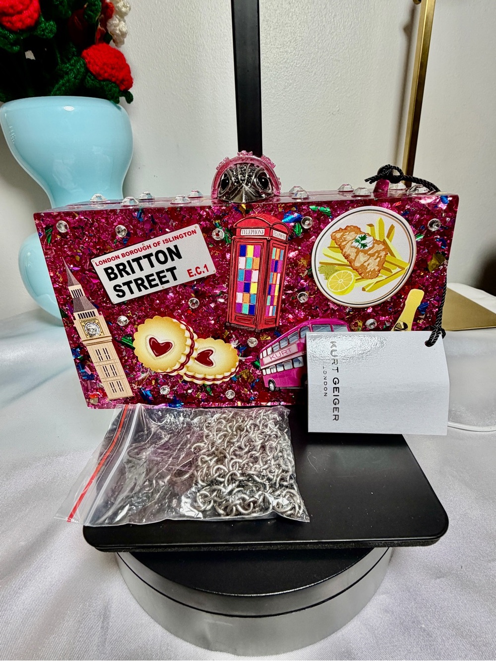 Kurt Geiger Hot Pink Glitter London Sticker Box Clutch NWT